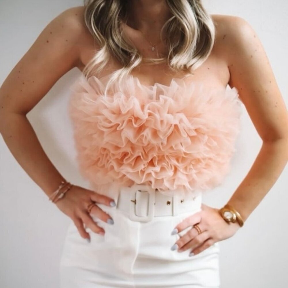 NWT Zara Pink Tulle Strapless Ruffle Crop Top XS Blogger Favorite Party Tube Top - Picture 2 of 9